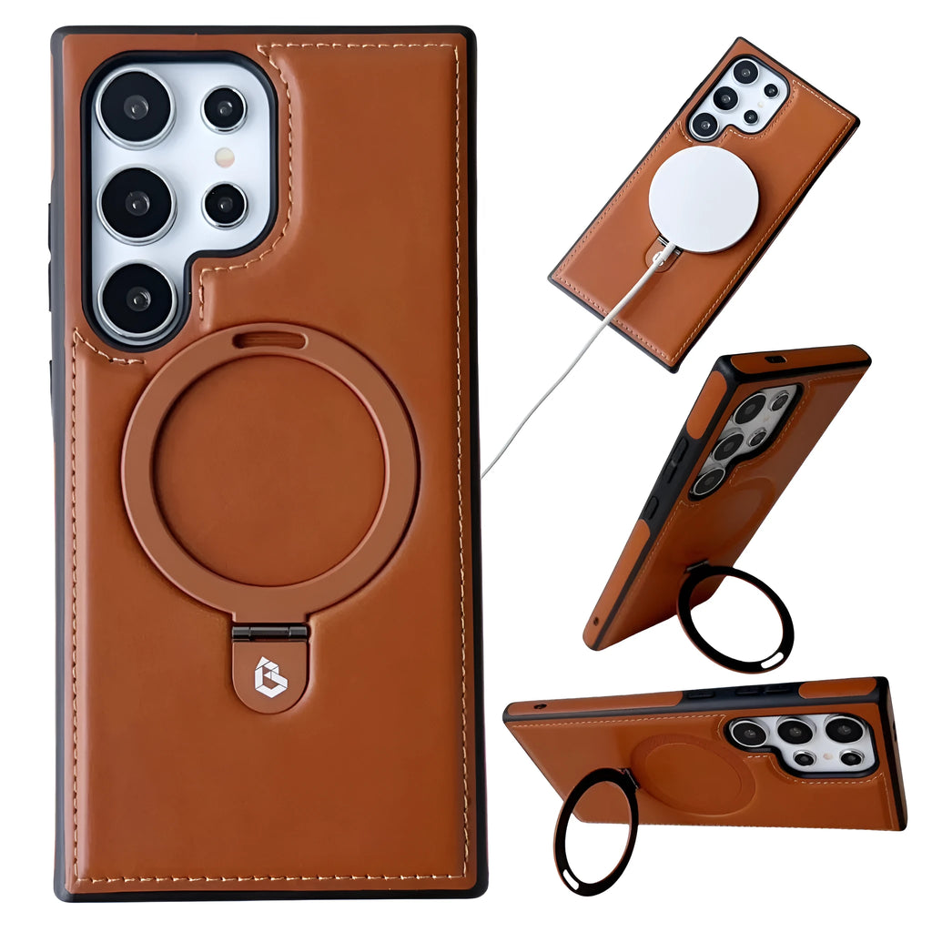 PU leather magnetic ring holder phone case with kickstand in black for Samsung S24