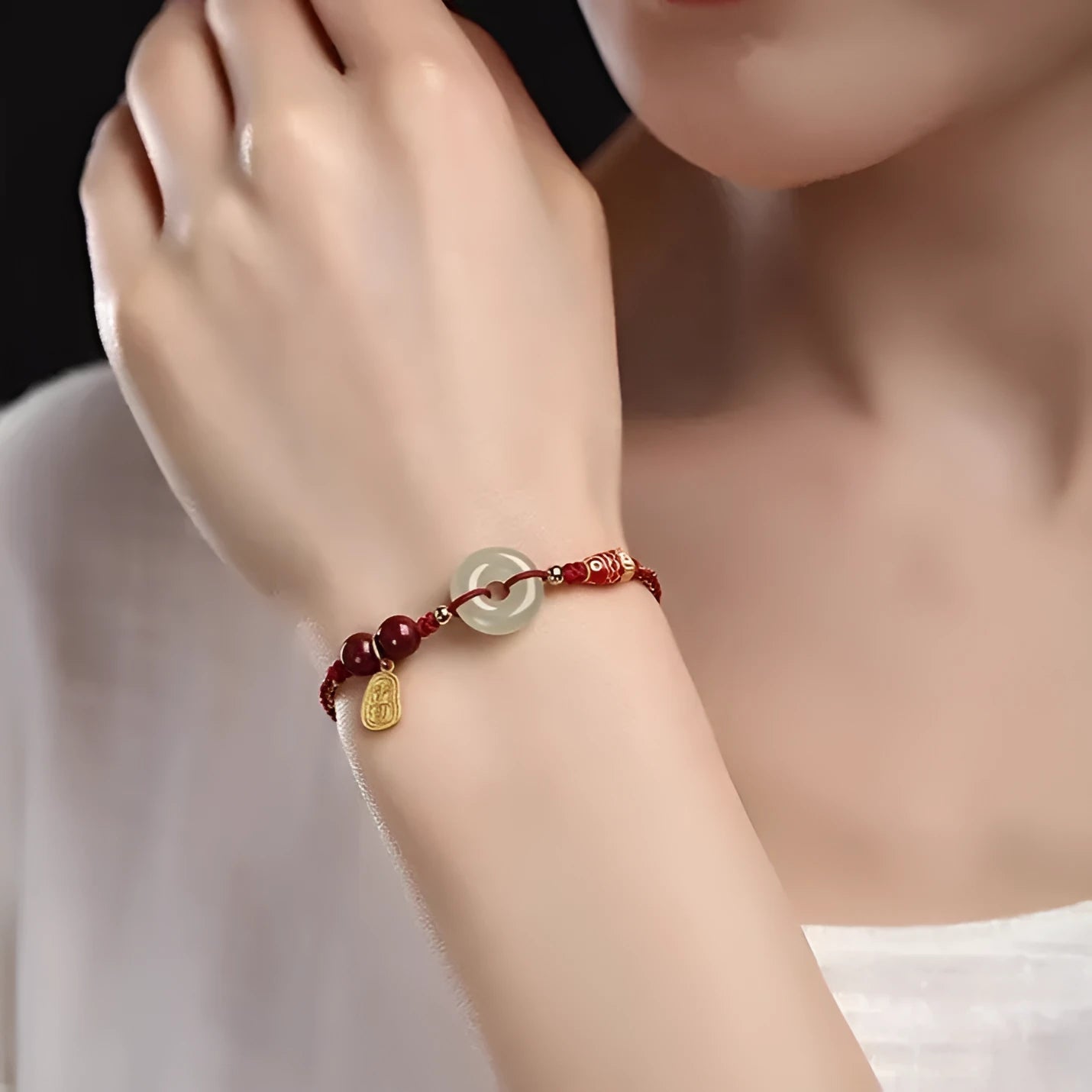 Hetian Jade Peace Buckle Bracelet with braided cord in choice of colourful, red or black
