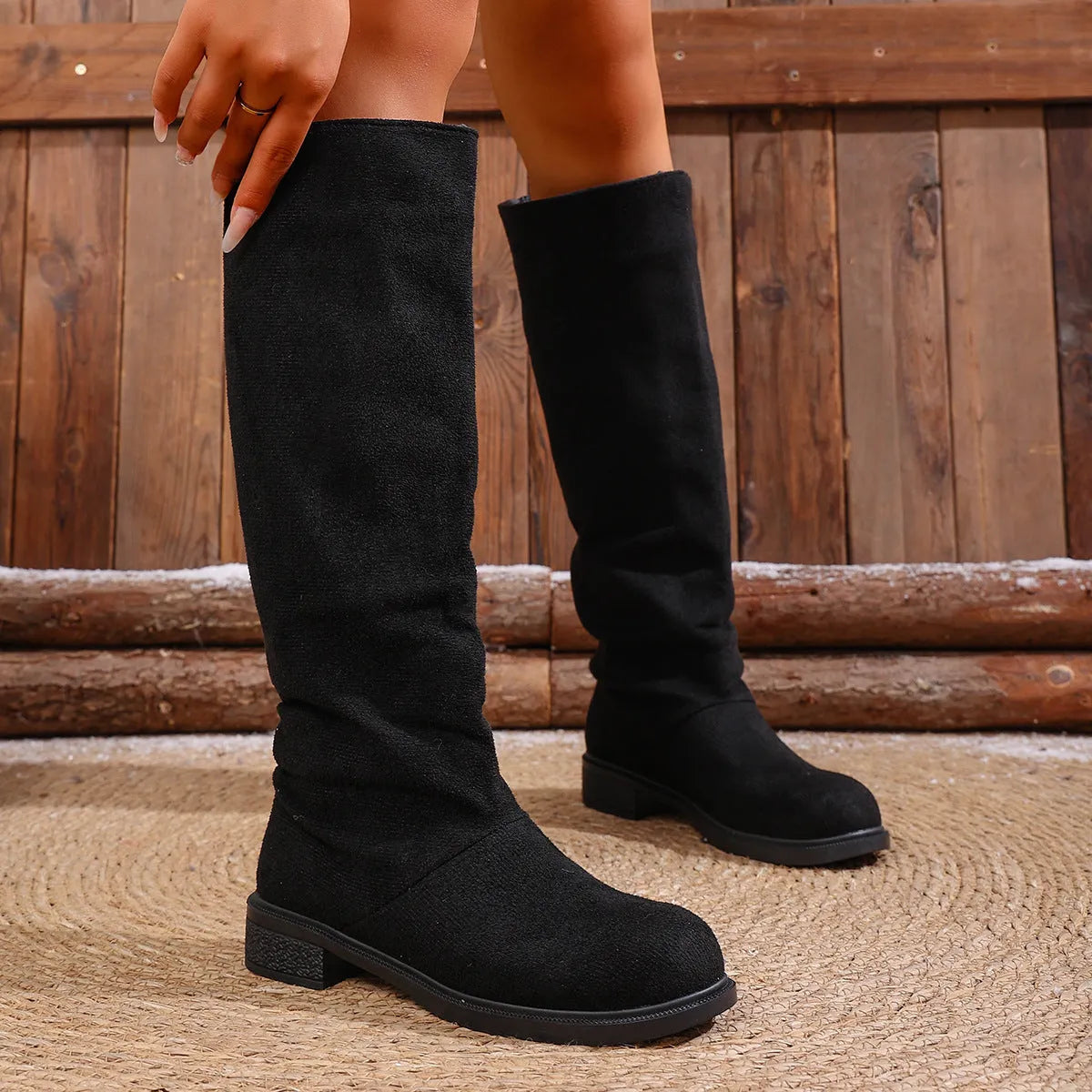 Cow suede chunky heel high leg boots below the knee in black solid colour with round toe and leather lining