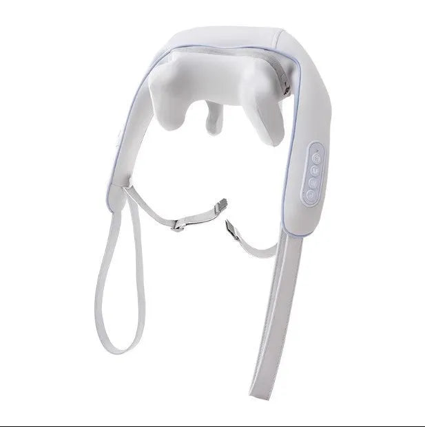 Black rechargeable neck and shoulder massager shawl with hot compress and two gears for cervical oblique and trapezius areas.