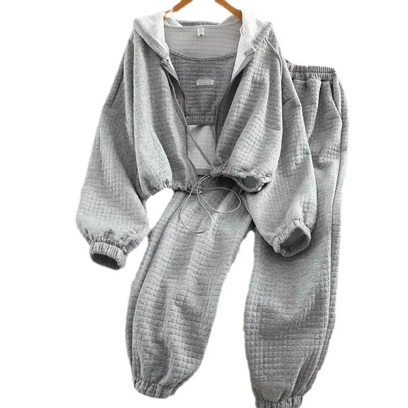 Waffle fabric hooded cardigan zipper sports three-piece suit in black with vest and trousers