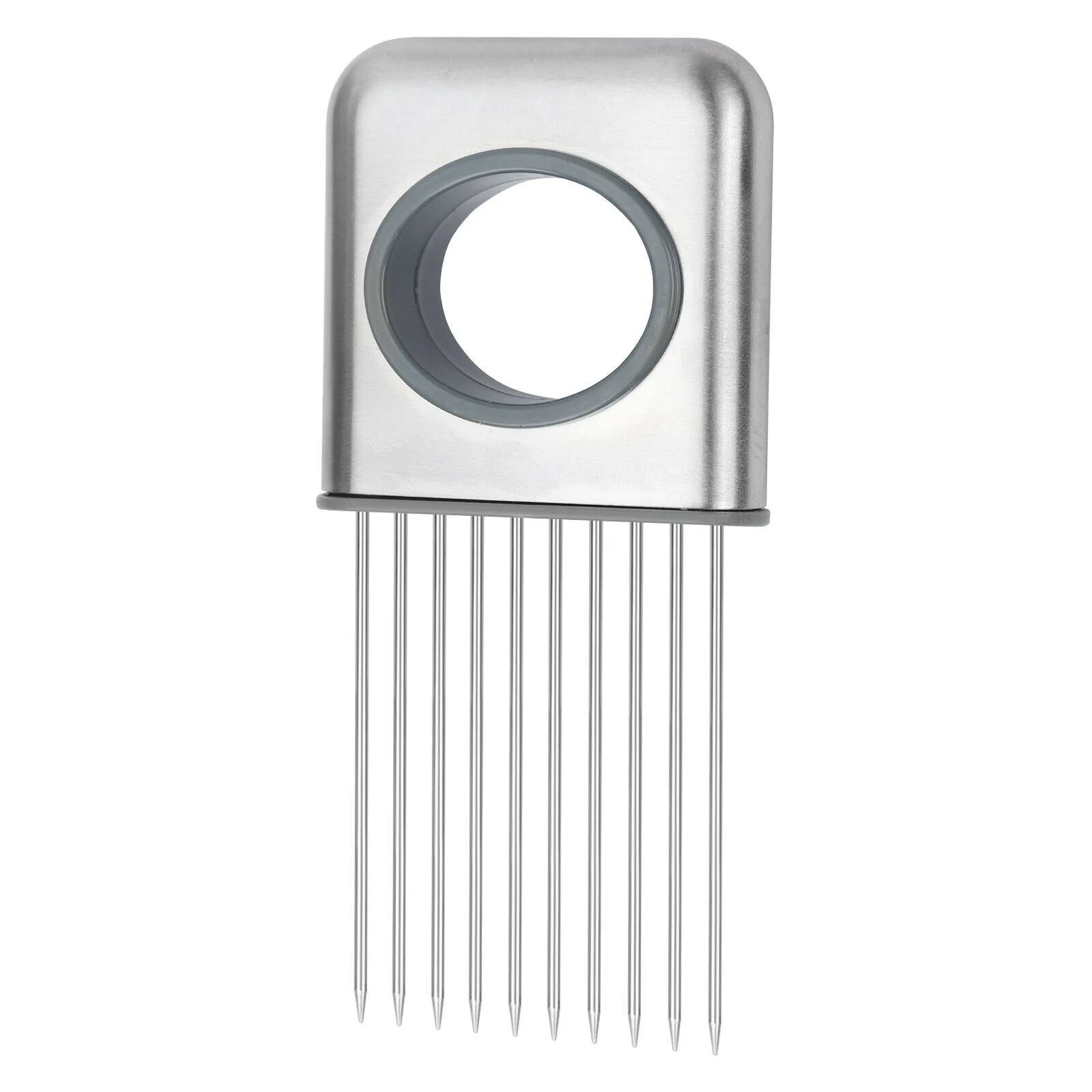 Stainless steel onion holder slicer with sharp prongs and a separate finger guard on a kitchen counter.