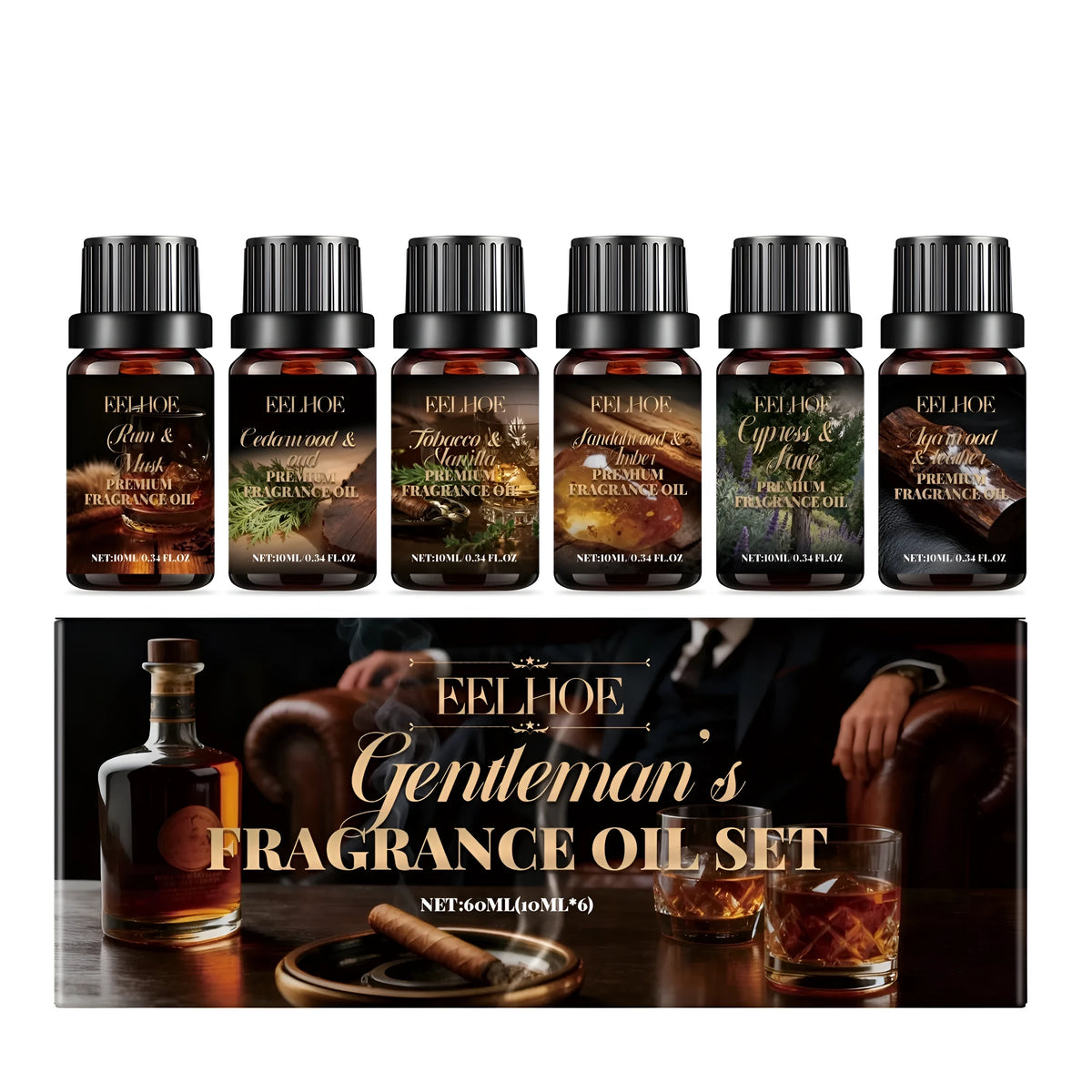 Gentleman's Fragrance Oil Set with six 10ml essential oil bottles in a box