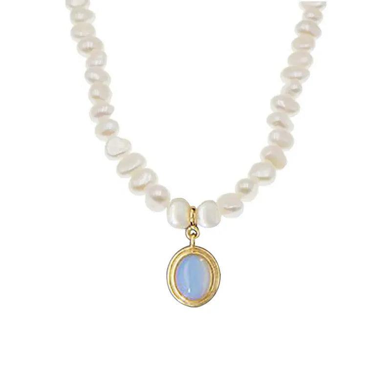 925 silver pearl necklace with irregular pendant and geometric extension chain