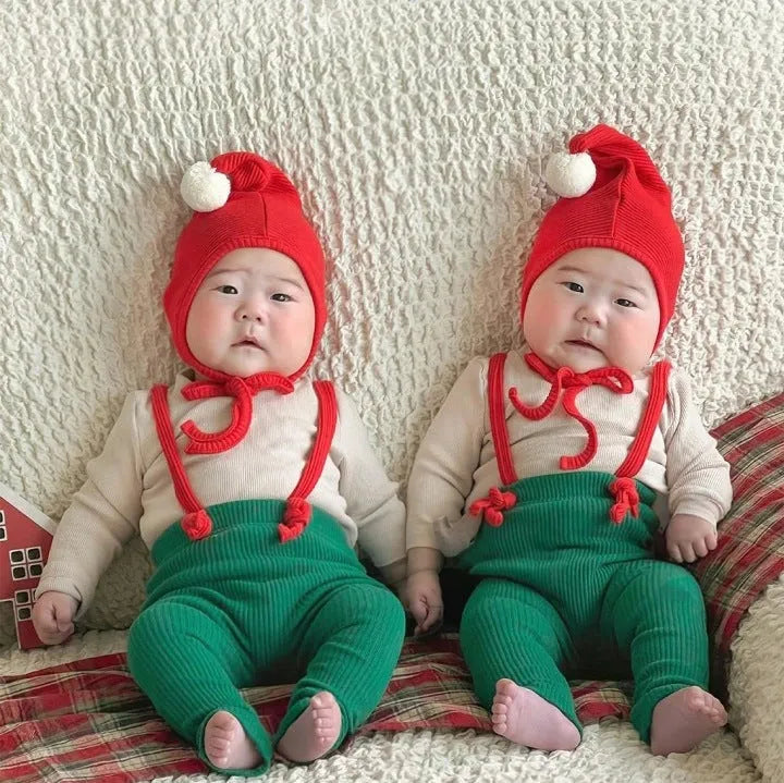 Baby combed cotton suspender jumpsuit in solid colour with hat, suitable for 66-90cm height