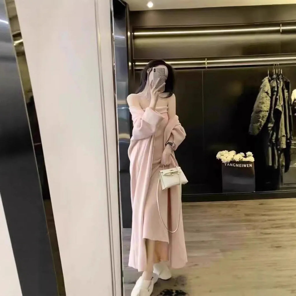 Women's grey knitted long dress and cardigan coat suit set with textured flocking detailing on the fabric