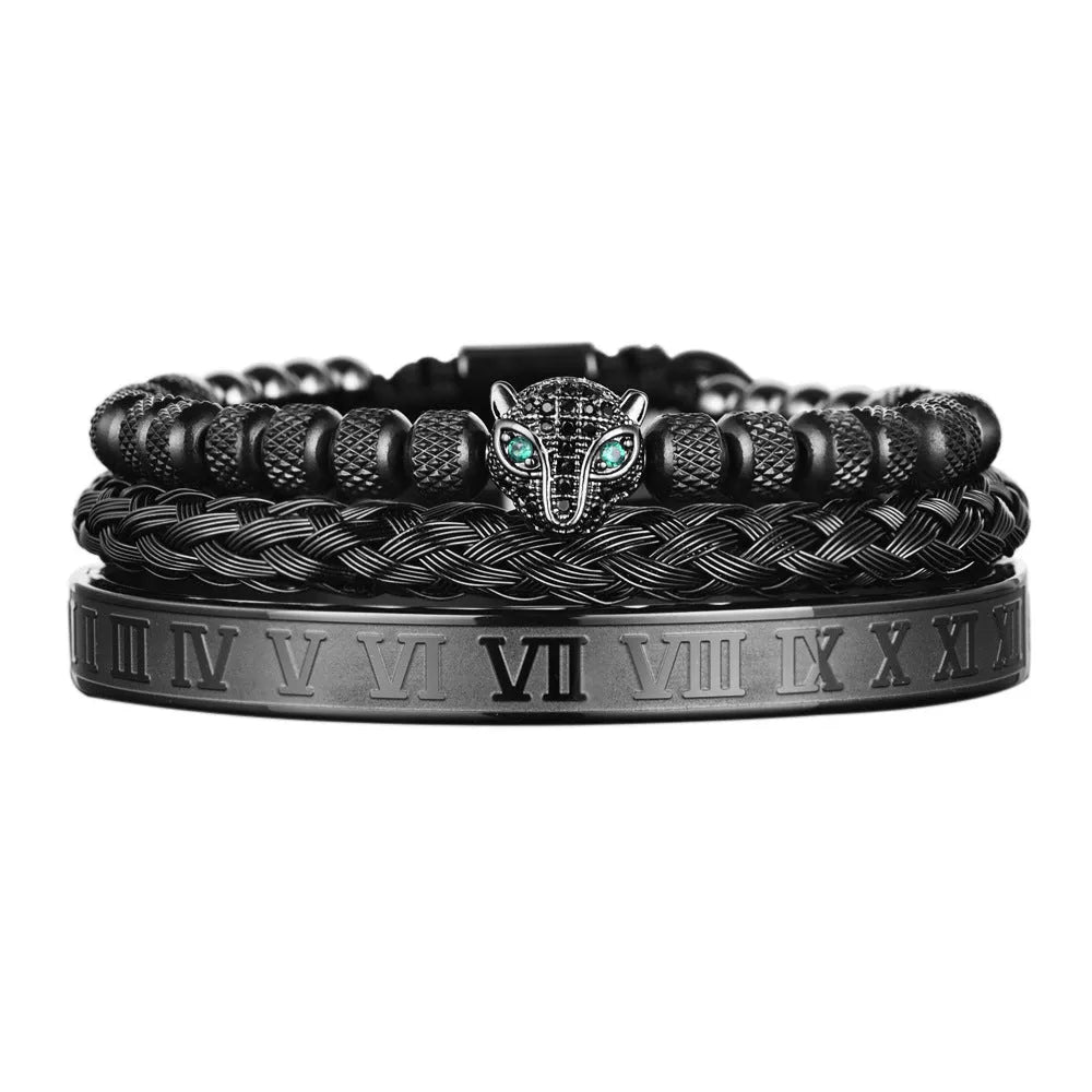 Leopard head titanium steel unisex bracelet with mesh pineapple beads and Roman style in black, gold or silver finish