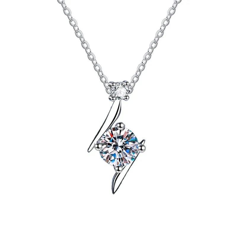 S925 sterling silver clavicle necklace with geometric lightning pendant and 1 carat moissanite or high carbon stone