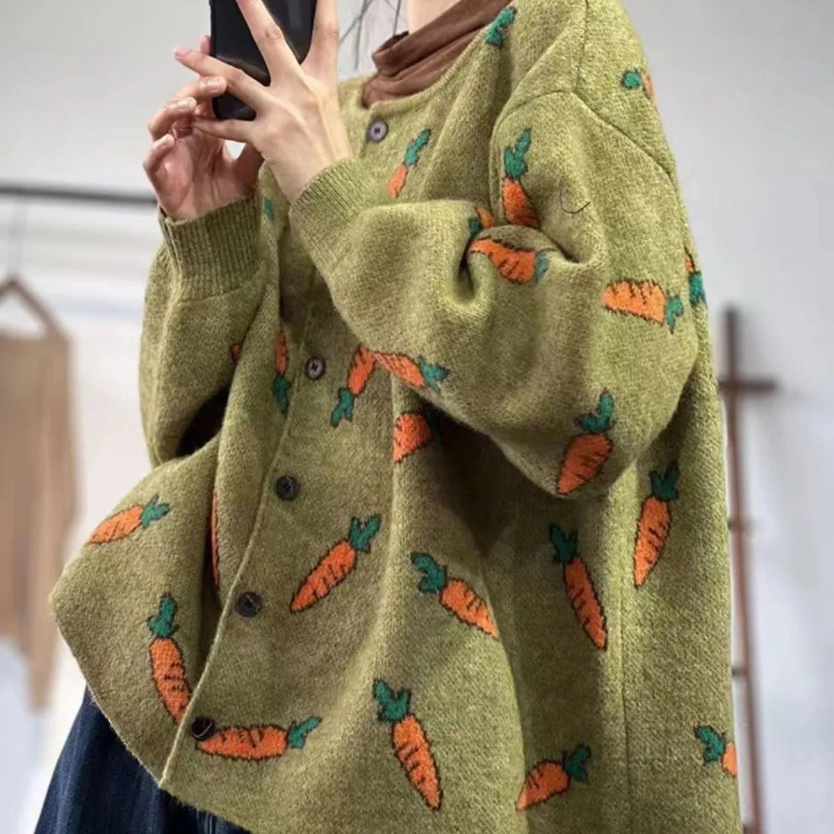 Mori artistic print loose cardigan sweater in viscose, shown in picture colour.