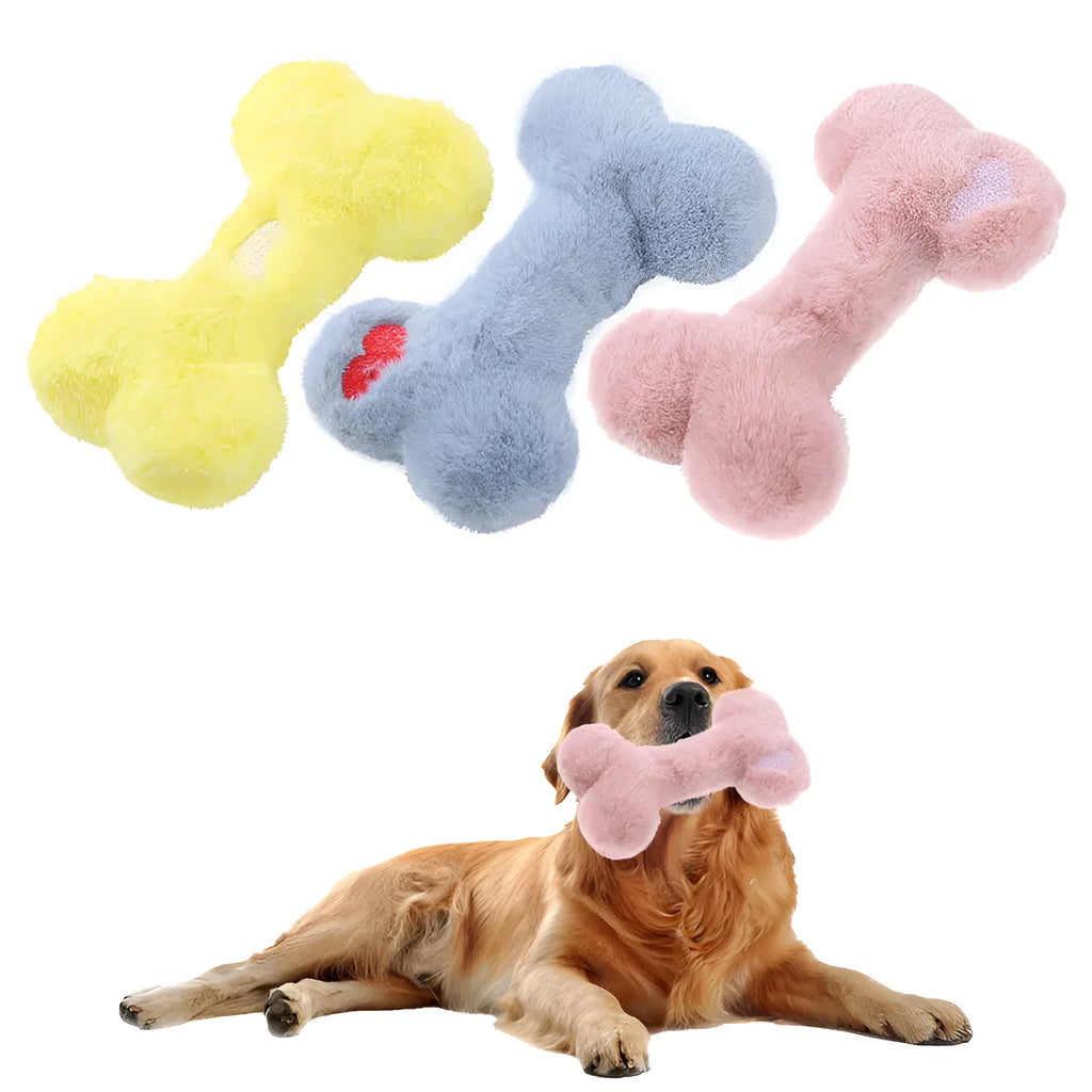 Blue heart-shaped love bone plush dog toy with a squeaker for interactive pet play.