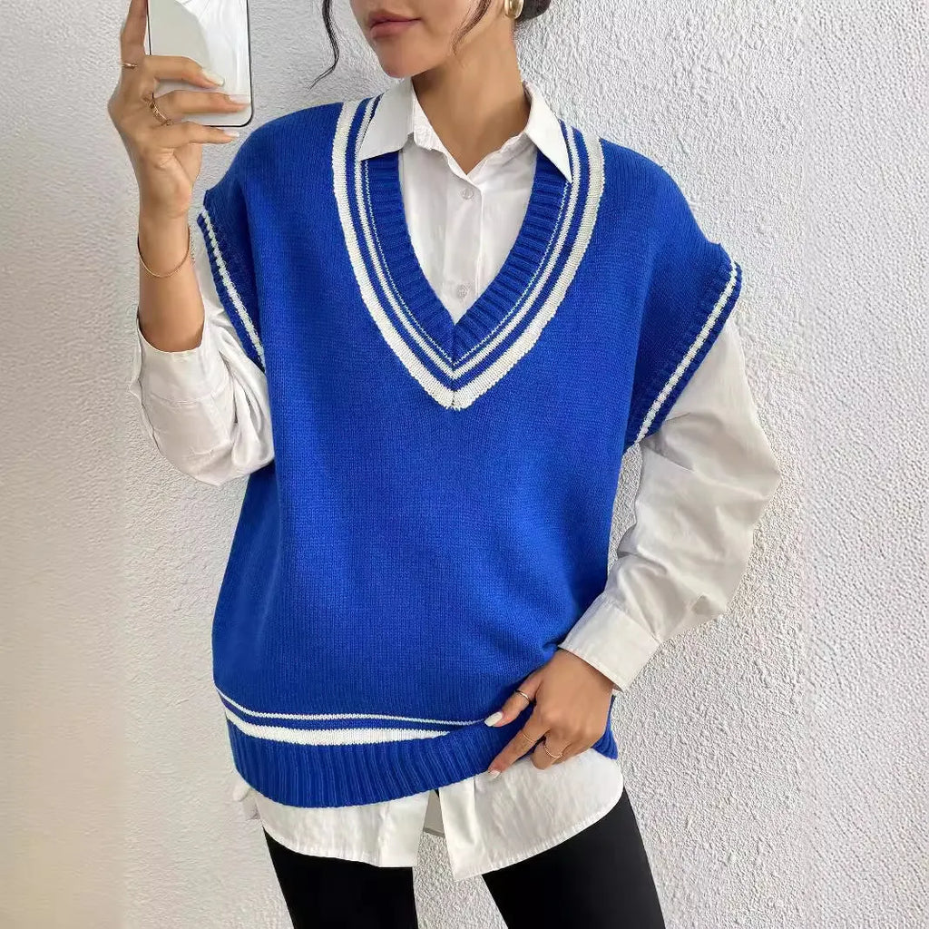 Women's loose casual vest sweater in college style with European colour matching