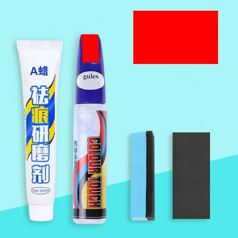 Automotive paint repair pen kit with touch-up paint, wax, sponge, and sandpaper for car scratches