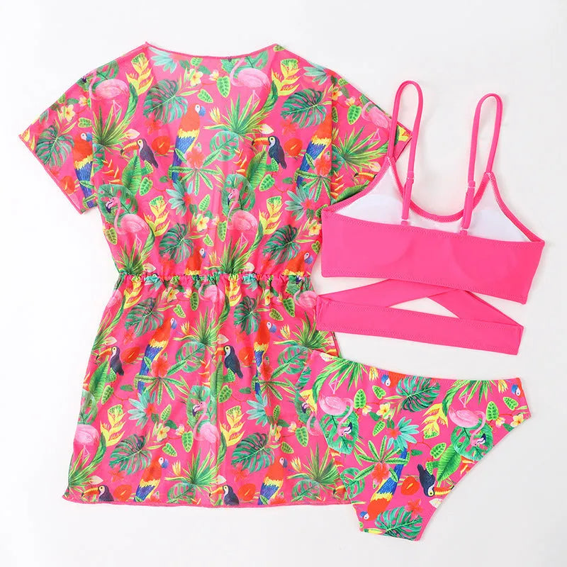 Girls floral patterned split overclothes swimsuit bikini set in polyester fabric