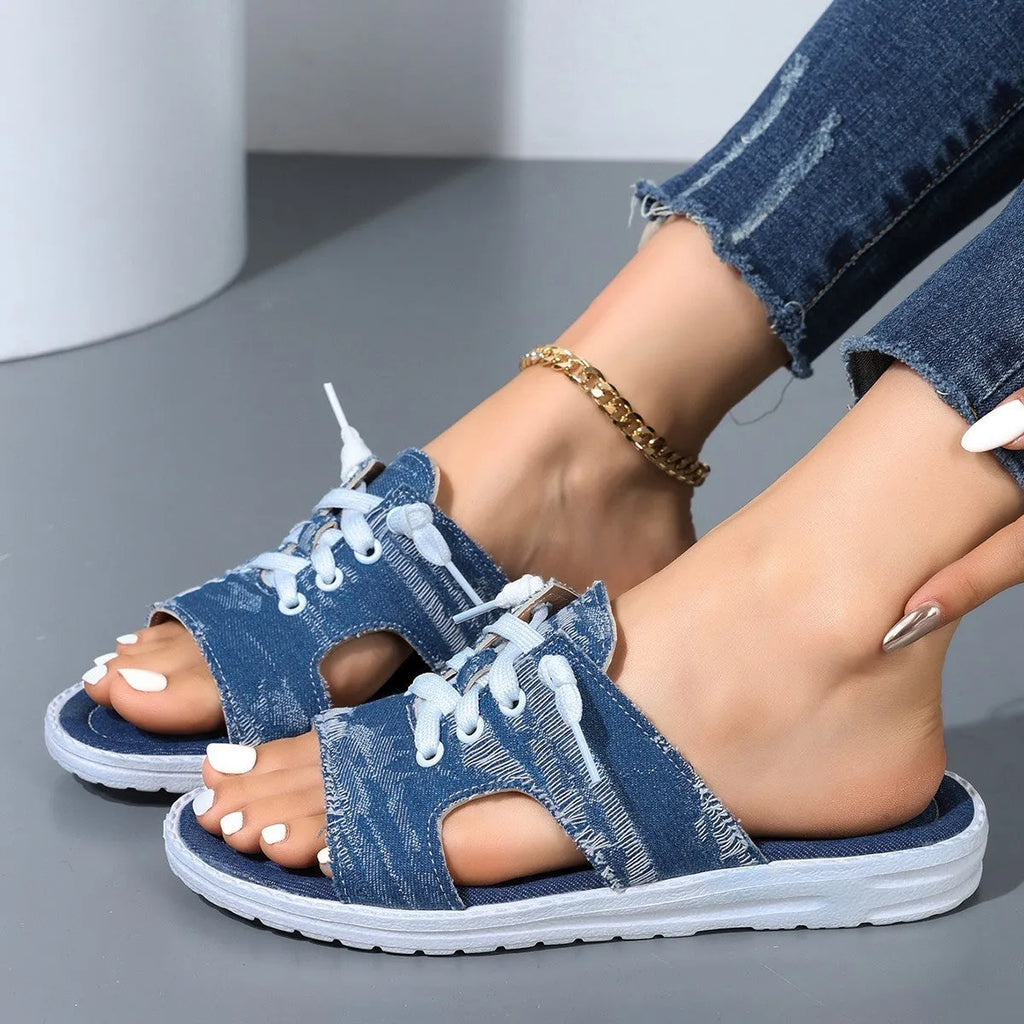 Blue women's flat canvas slippers with cloth upper and rubber sole in roman style