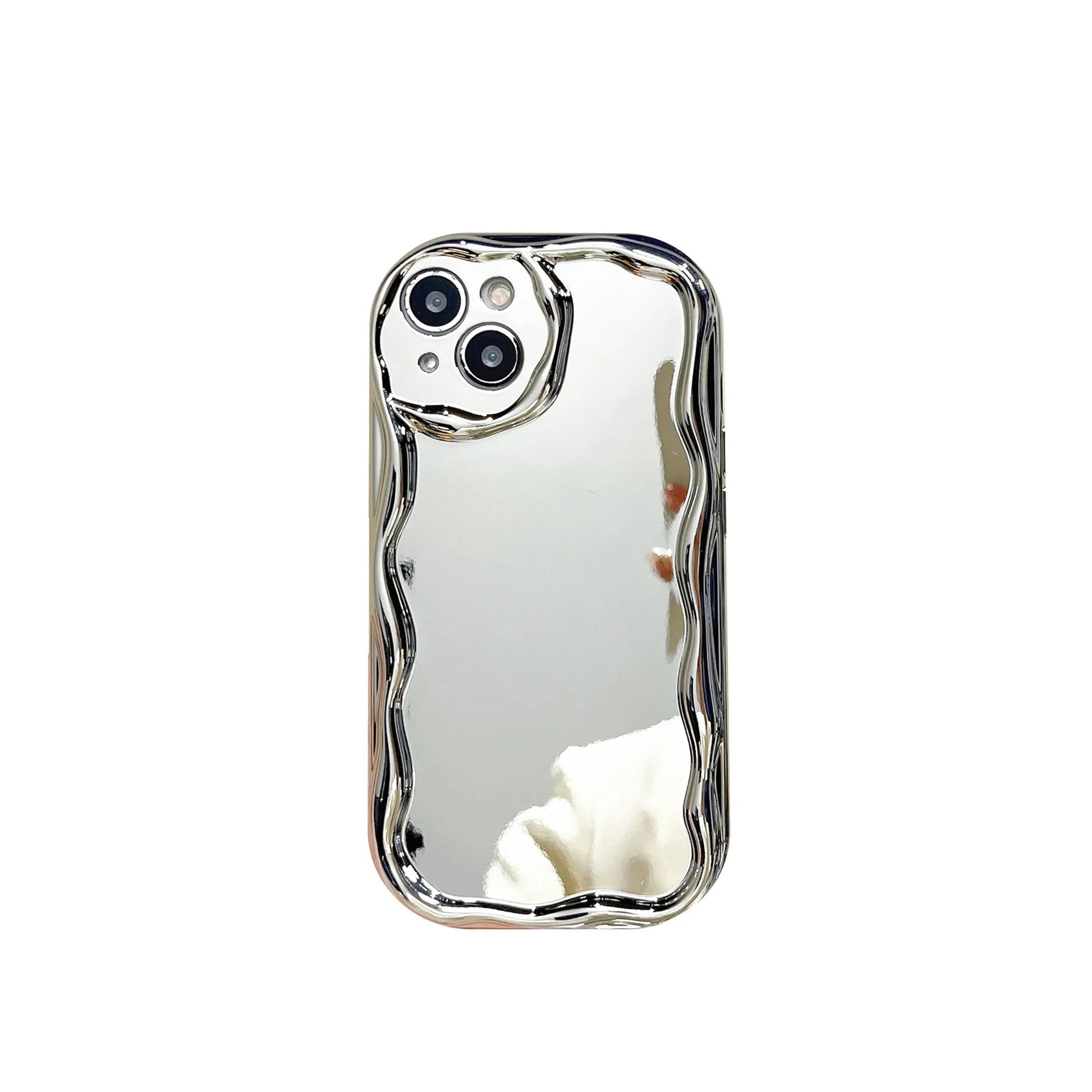 Silver electroplated cream grain silicone phone case with bracelet on a white background