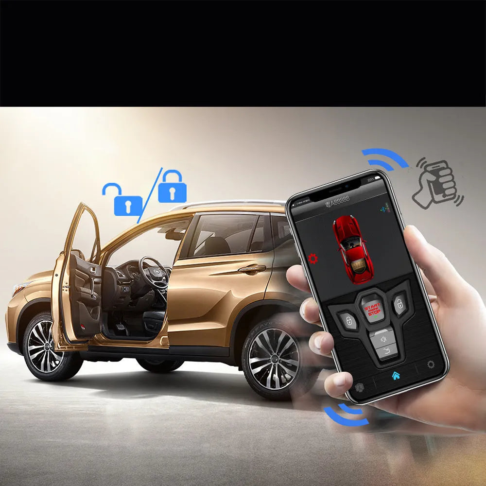 Red and black one-way remote control car alarm unit with two remotes for vehicle security.