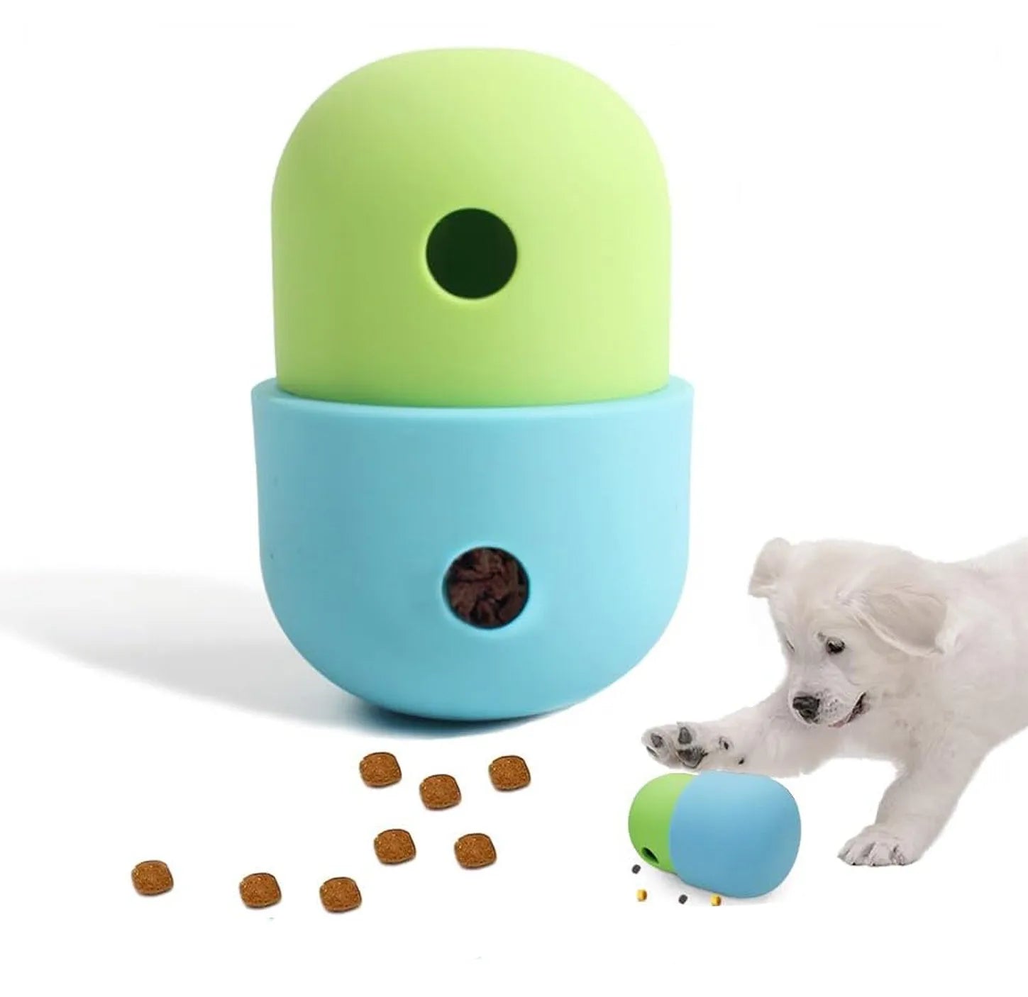 White and blue dog treat puzzle ball with detachable section for small medium dogs