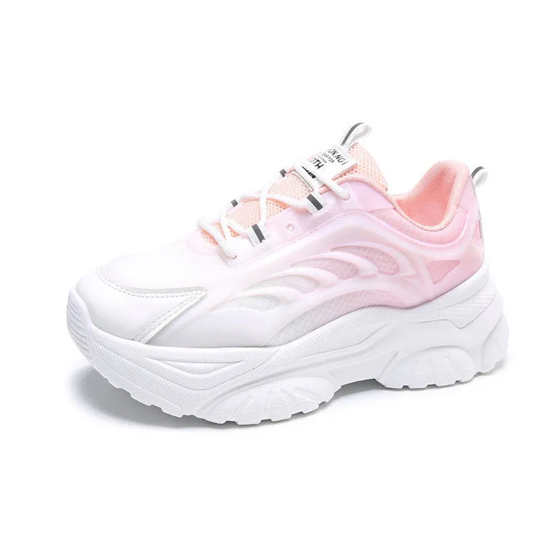 Women's pink satin lace-up casual shoes with round toe on a white background