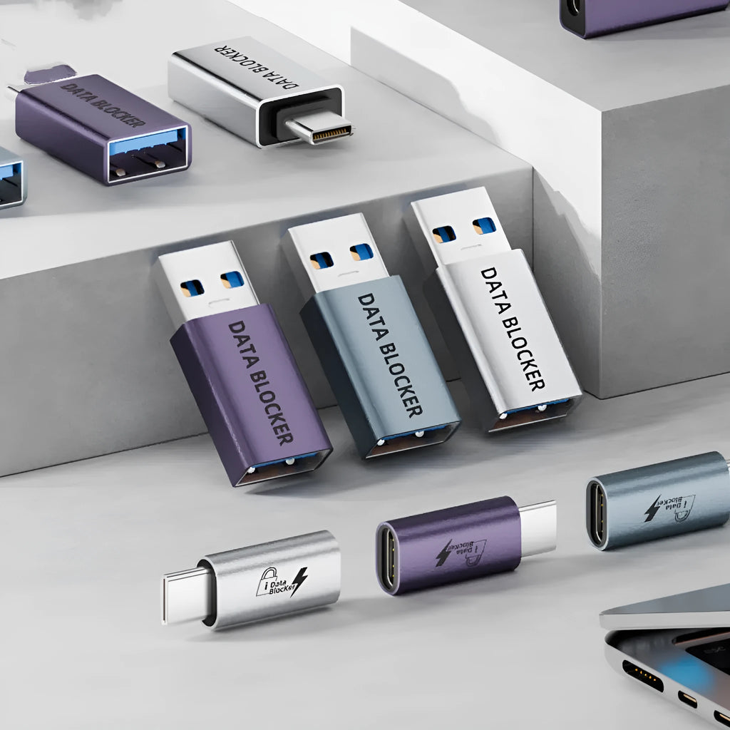 Data blocker USB male to Type-C female adapter in silver aluminium alloy for secure charging