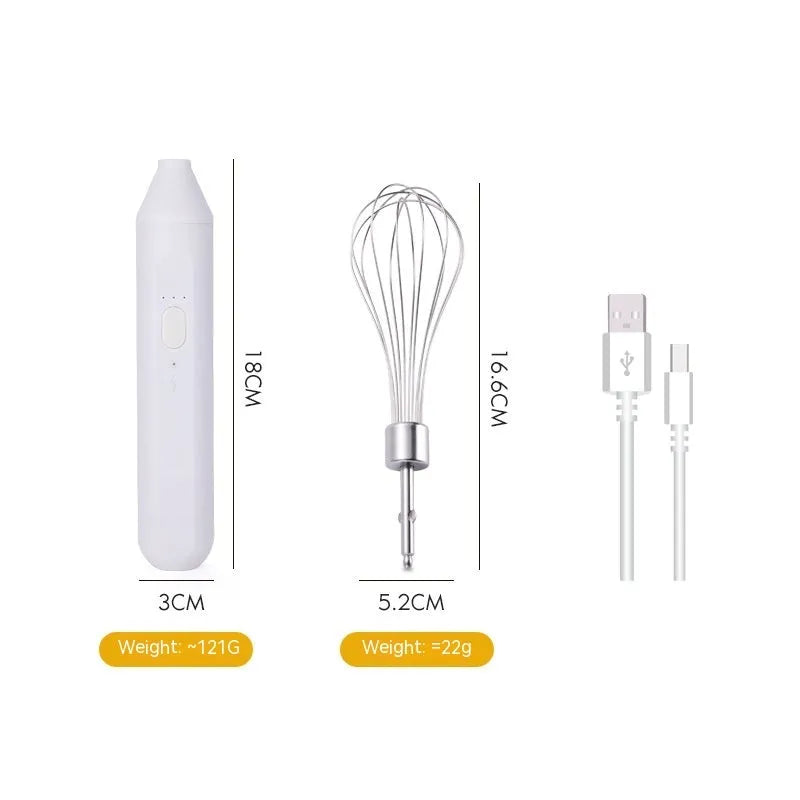 Handheld electric egg beater in black, pink, or white with grow head, 304 stainless steel and ABS, cordless 2000mAh, 18000 rpm.