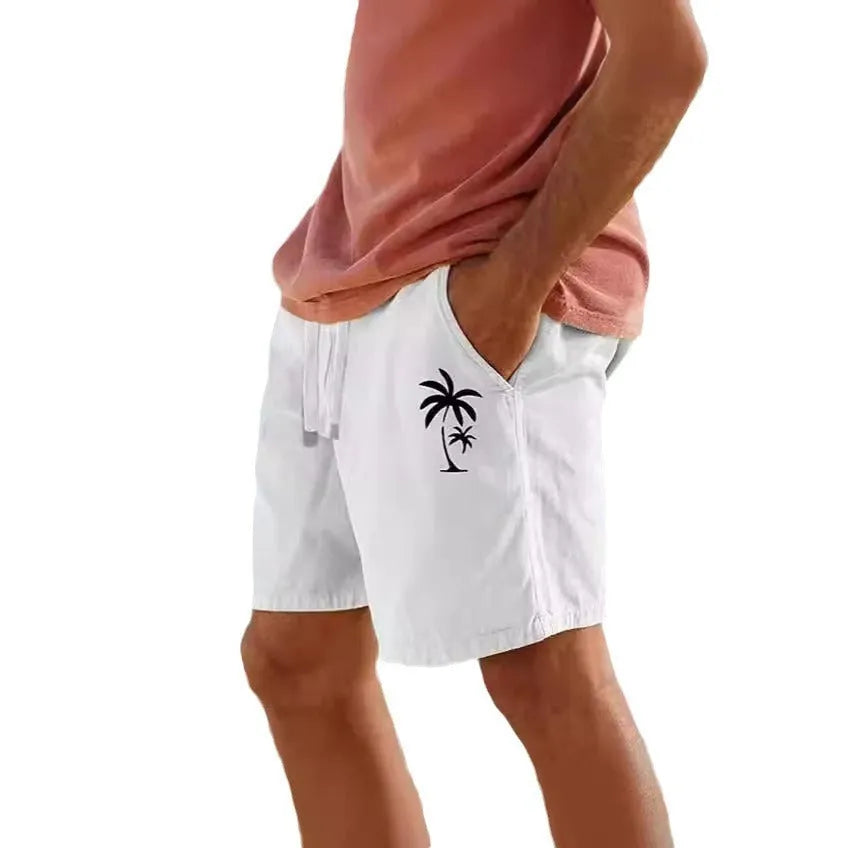 Men's cotton blend drawstring elastic shorts in army green, laid flat showing straight leg and adjustable waist.