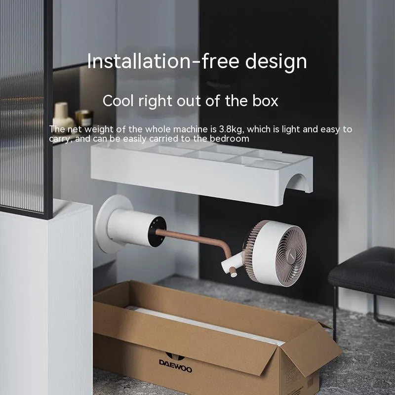 Gray wall-mounted fan with four blades and USB cable on a white wall