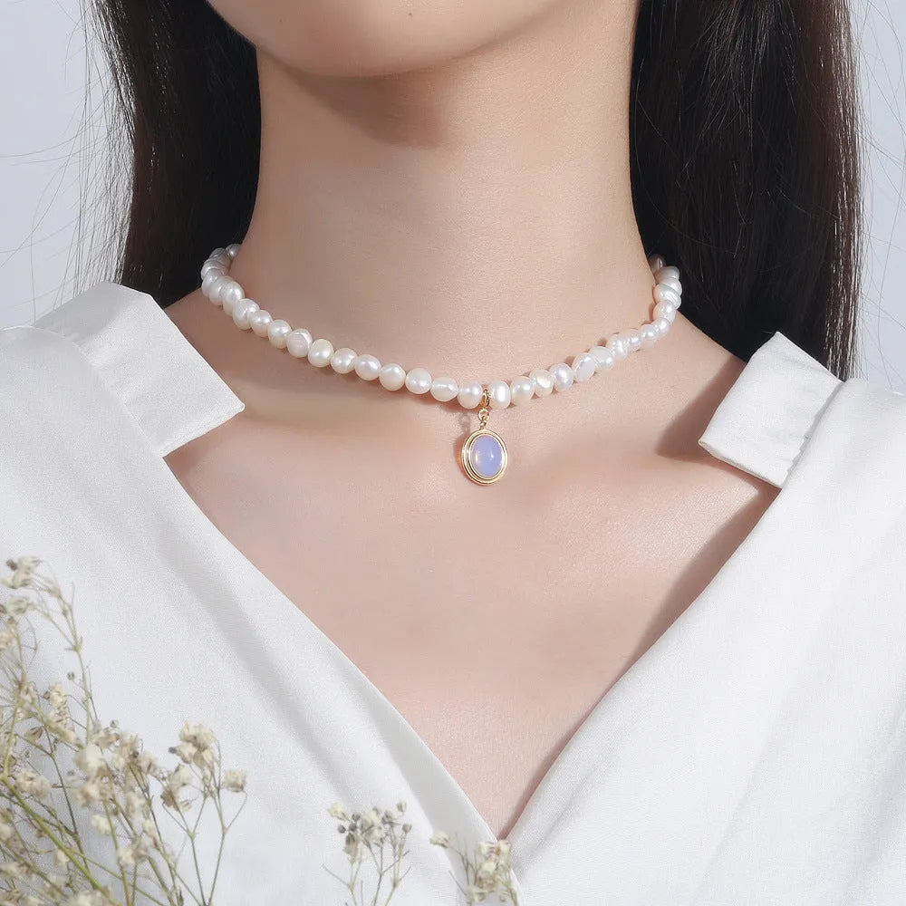 925 silver pearl necklace with irregular pendant and geometric extension chain