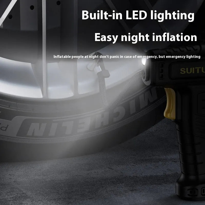 120W handheld inflator with digital display, lighting, ABS alloy body, 160 x 60 x 230 mm, DC12V, 20L/min airflow, air nozzle
