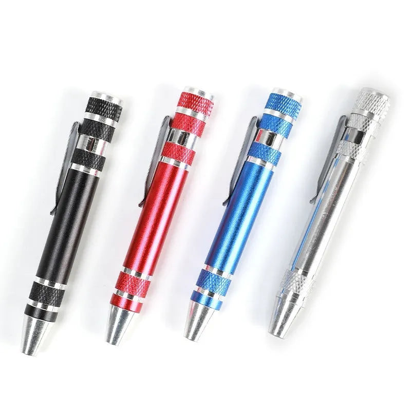 Aluminium alloy pen-type 8-in-1 screwdriver set in assorted colours with chrome vanadium steel shaft.