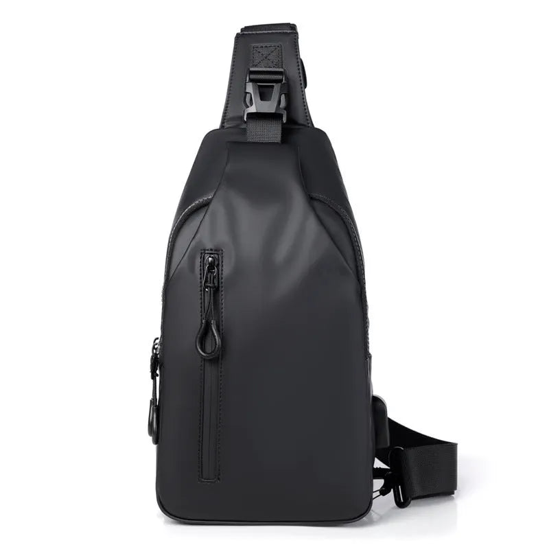 Black sling crossbody backpack for men with zip closure and soft handle, solid colour