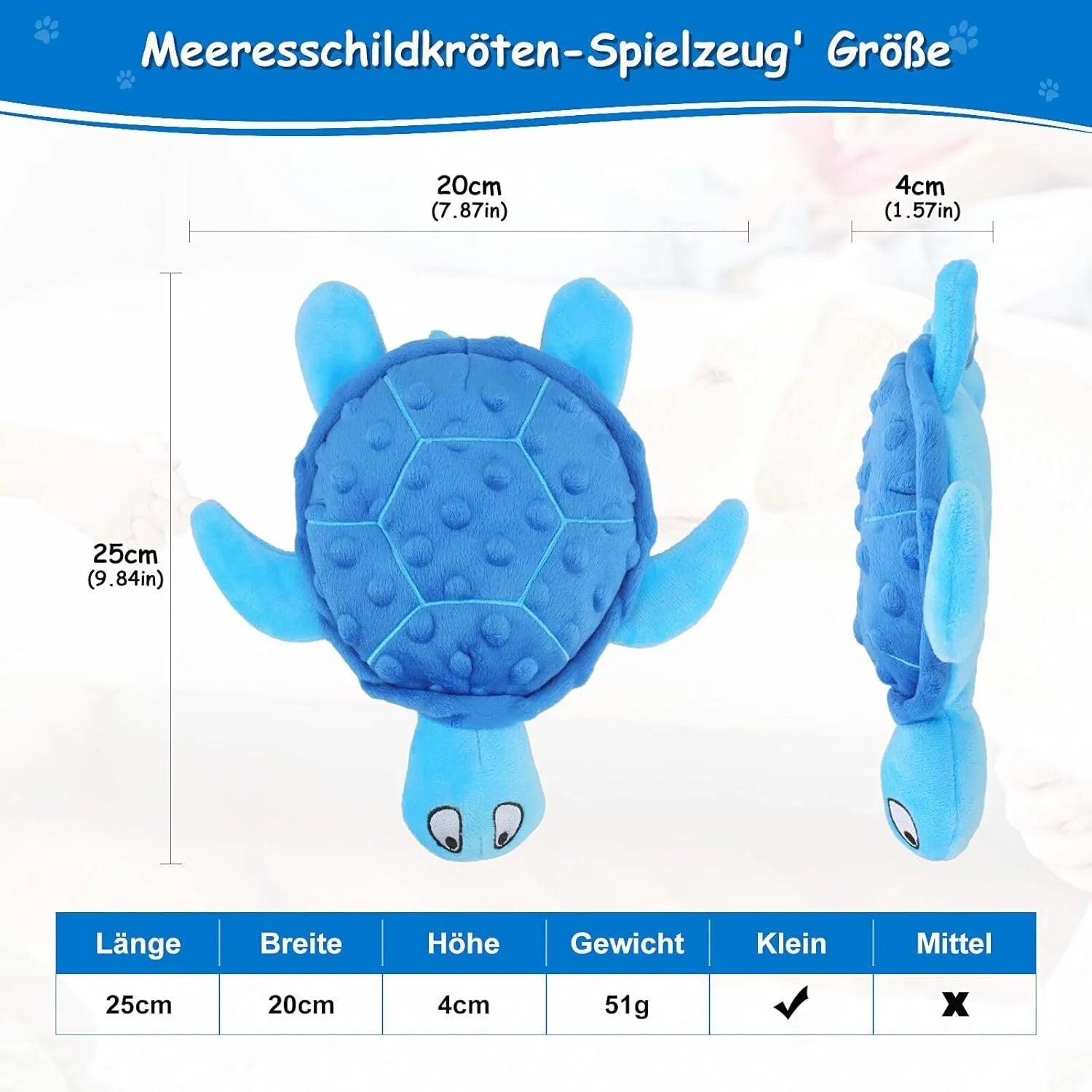 Blue sea turtle plush dog toy with composite mesh construction and no stuffing