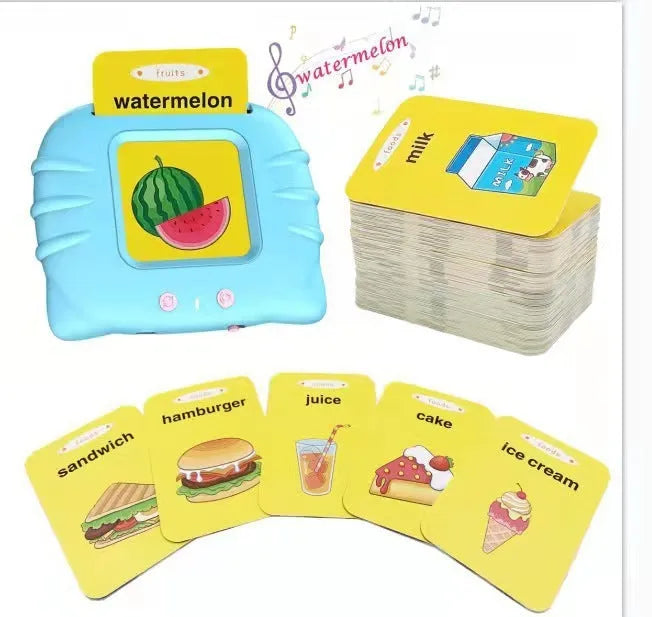 Blue children's learning machine with audiobook cards for English early education.