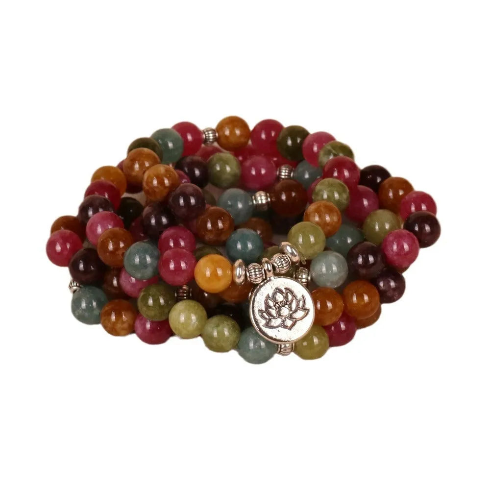 108 bead multi-layer bracelet with lotus hanging ornament in tourmaline colour
