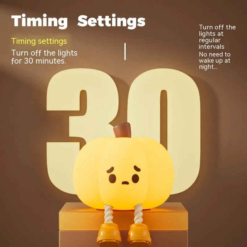 Soft silicone pumpkin night light with touch dimming controls and USB charging port