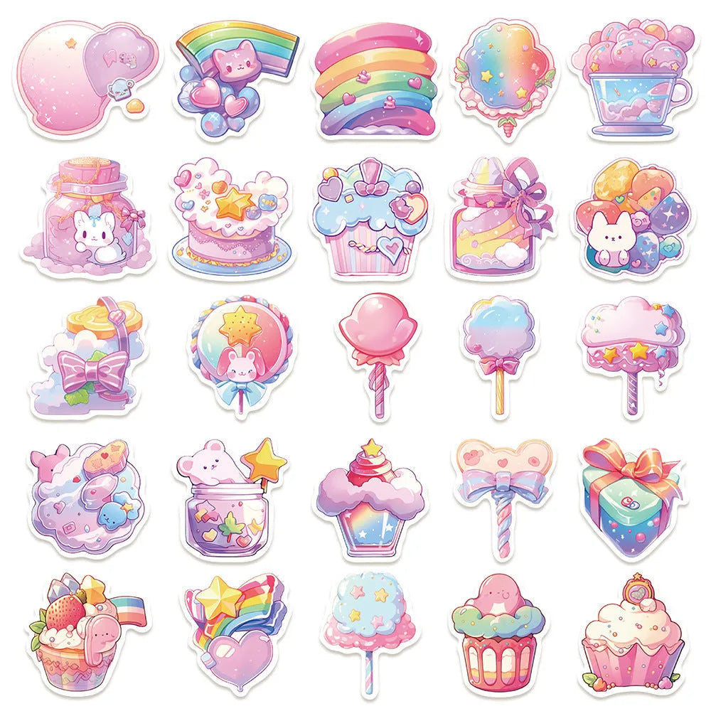 Pack of 50 sheets of cute candy-themed waterproof decorative stickers for crafts.