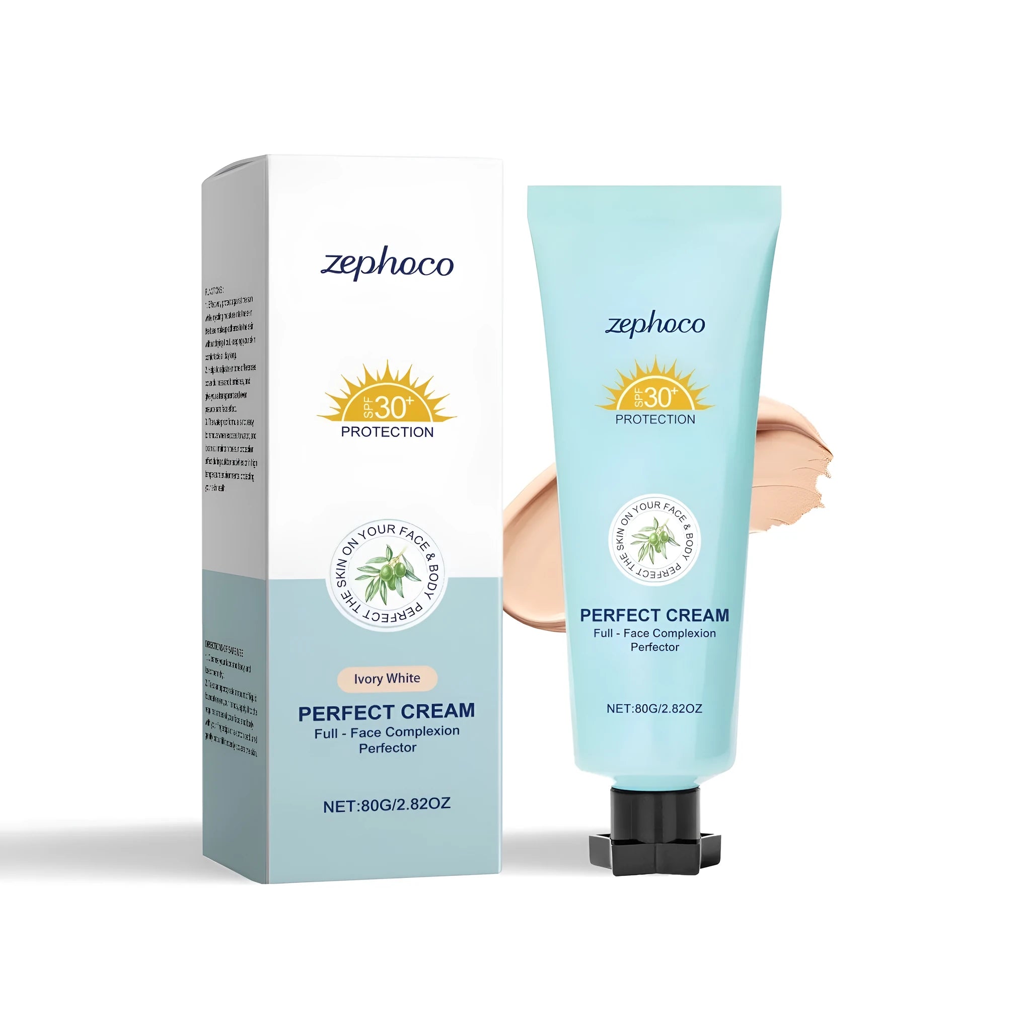 Liquid foundation sunscreen bottle showing shades Dark Skin, Ivory White, and Natural Colour.