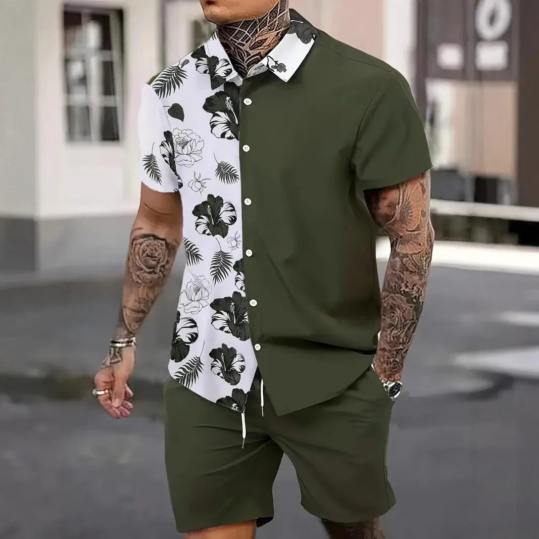 Man wearing a 3D printed Hawaiian-style short sleeve top and matching shorts, a casual polyester leisure suit.