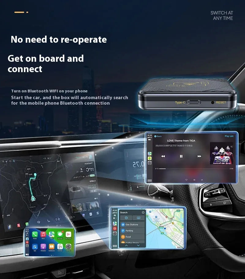 Wireless CarPlay and Android Auto adapter with USB connection and gold or white ABS plastic housing