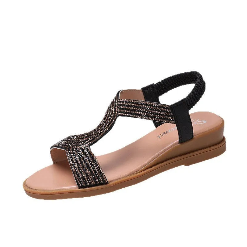 Women's patent leather summer sandals with rhinestones in gold, silver, or black colours