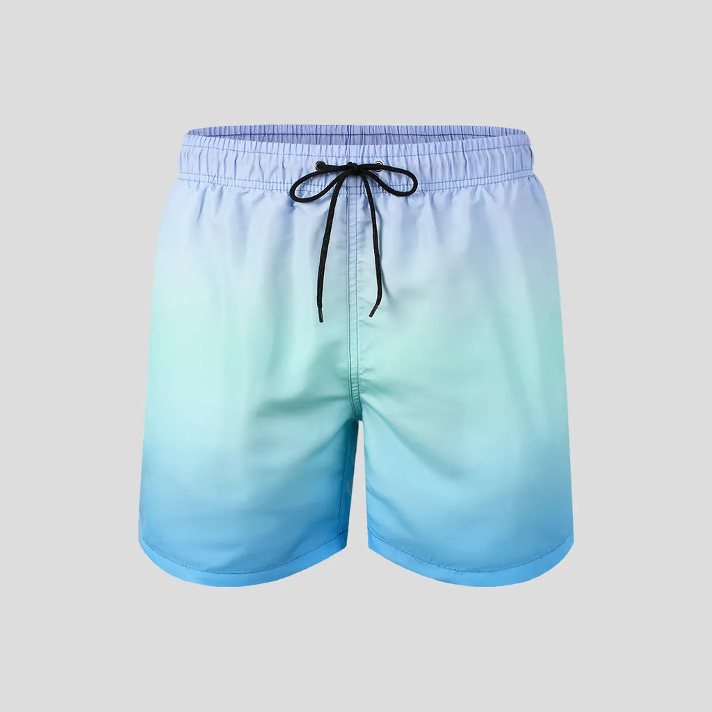 Men's grey gradient sport shorts made from mesh cloth, showing 3D digital printing design.