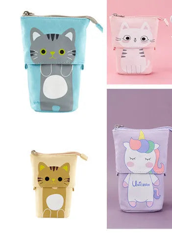 Round Korean-style canvas pencil bag with cartoon pattern in multiple colour options
