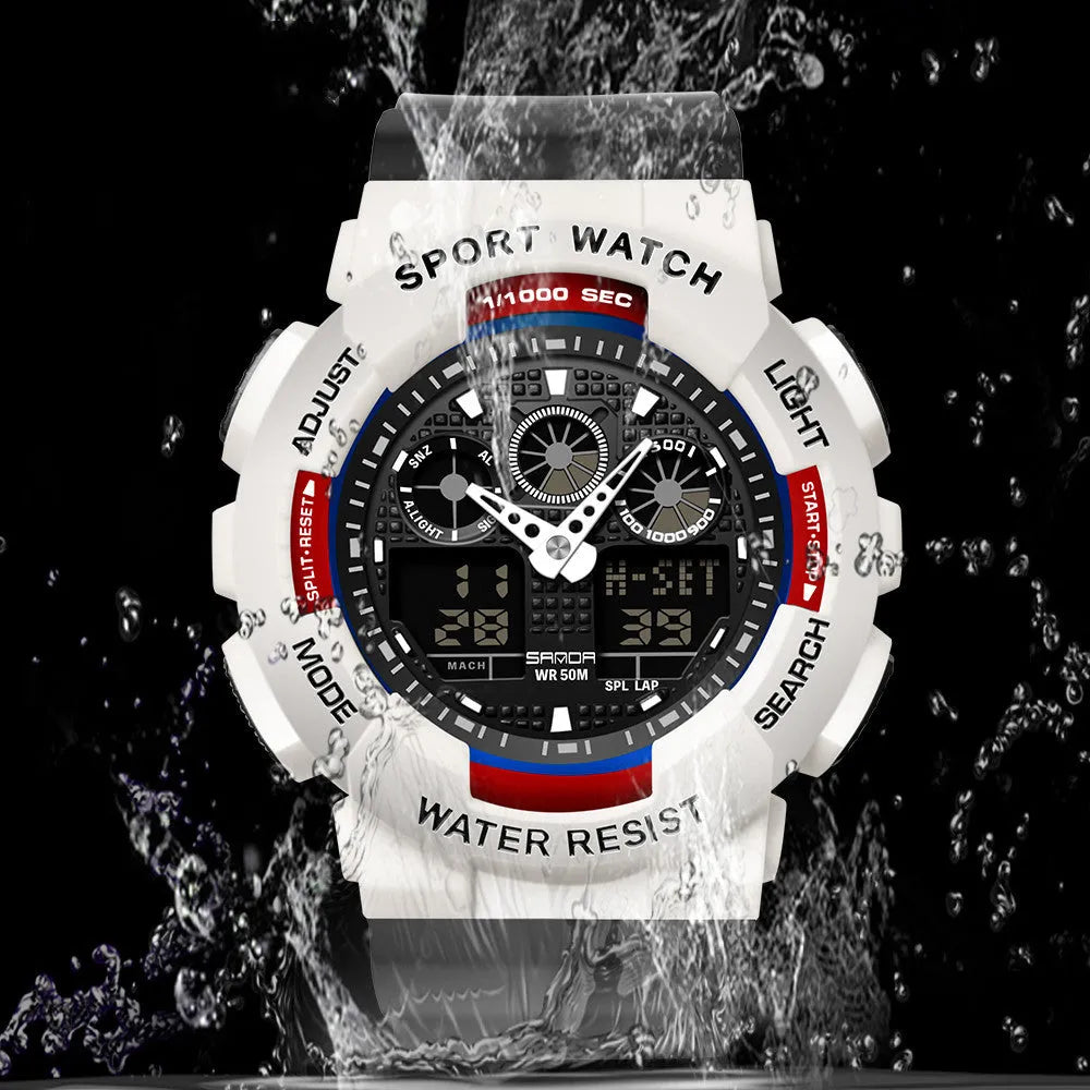 Women's multifunctional waterproof sports digital watch in resin and stainless steel, shown in pink with a simple fashion style.