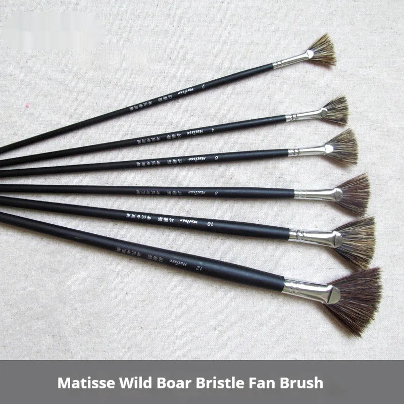 Matisse wild boar mane fan brush set of 6 with black birch handles and nickel plated copper ferrules on white background