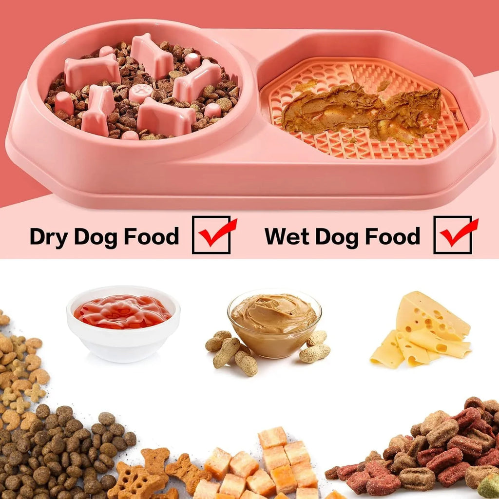 Blue interactive slow feeder dog bowl with maze pattern for dry and wet food, non-slip base.
