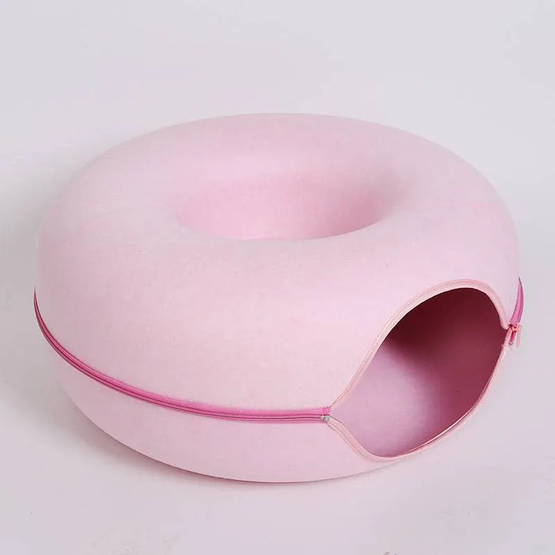 Natural felt donut cat tunnel bed in light grey with tunnel entrance 60x60x27cm
