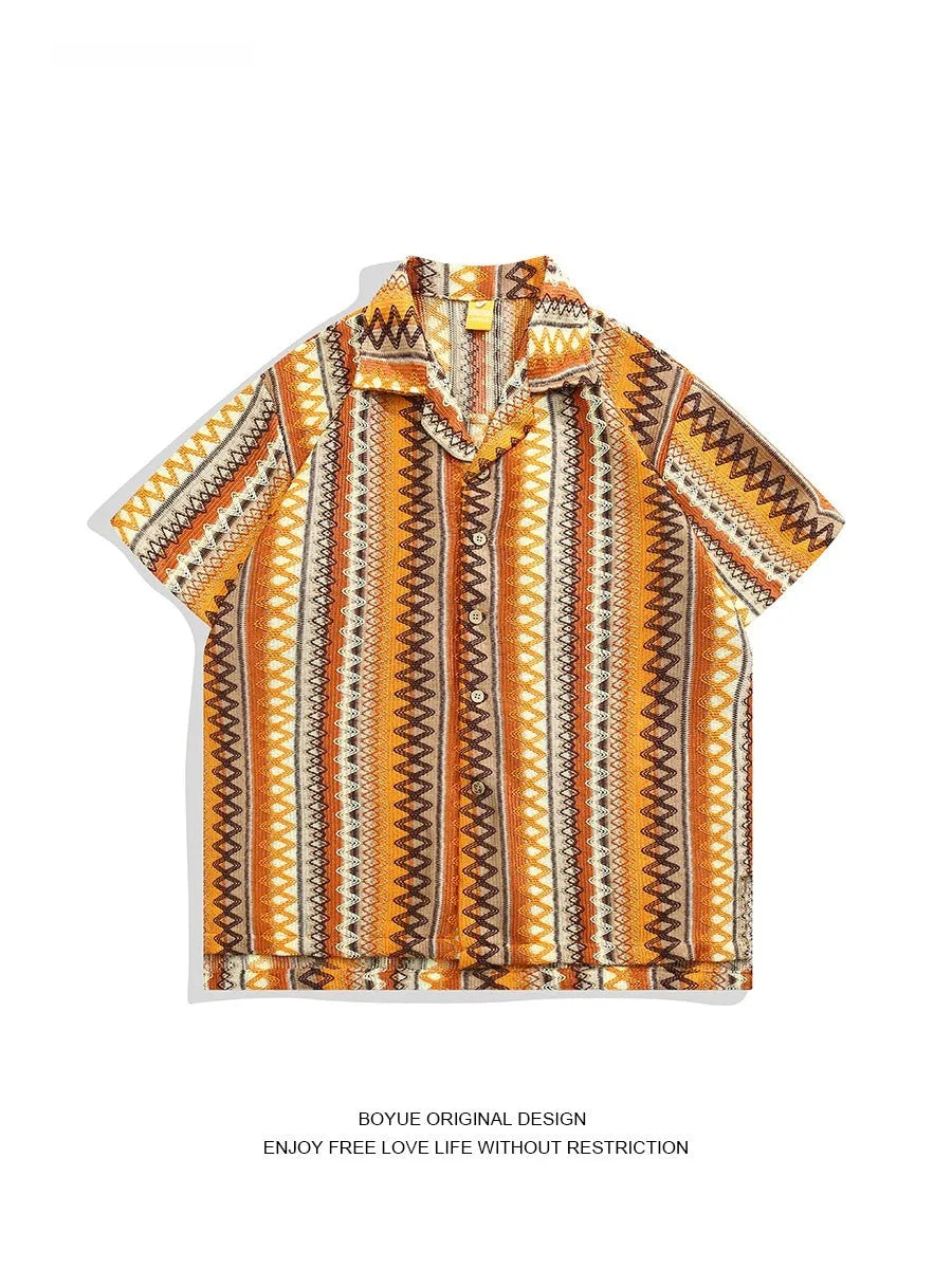 Loose fit ethnic style shirt with Cuban collar and contrast colour, featuring short drop-shoulder sleeves.