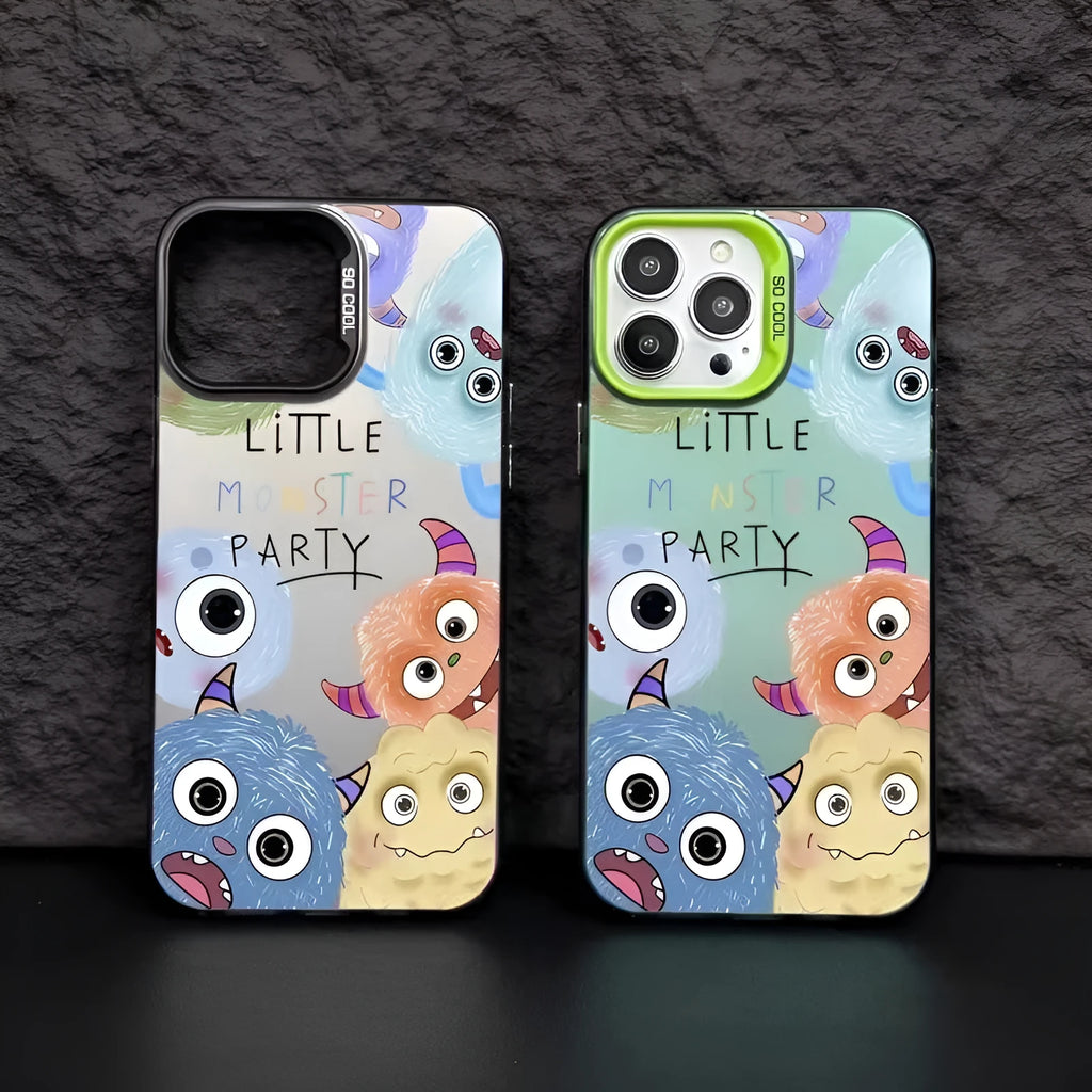 Little Monster Family cartoon hard PC phone case for Apple iPhone in four colours: black, blue, green, purple