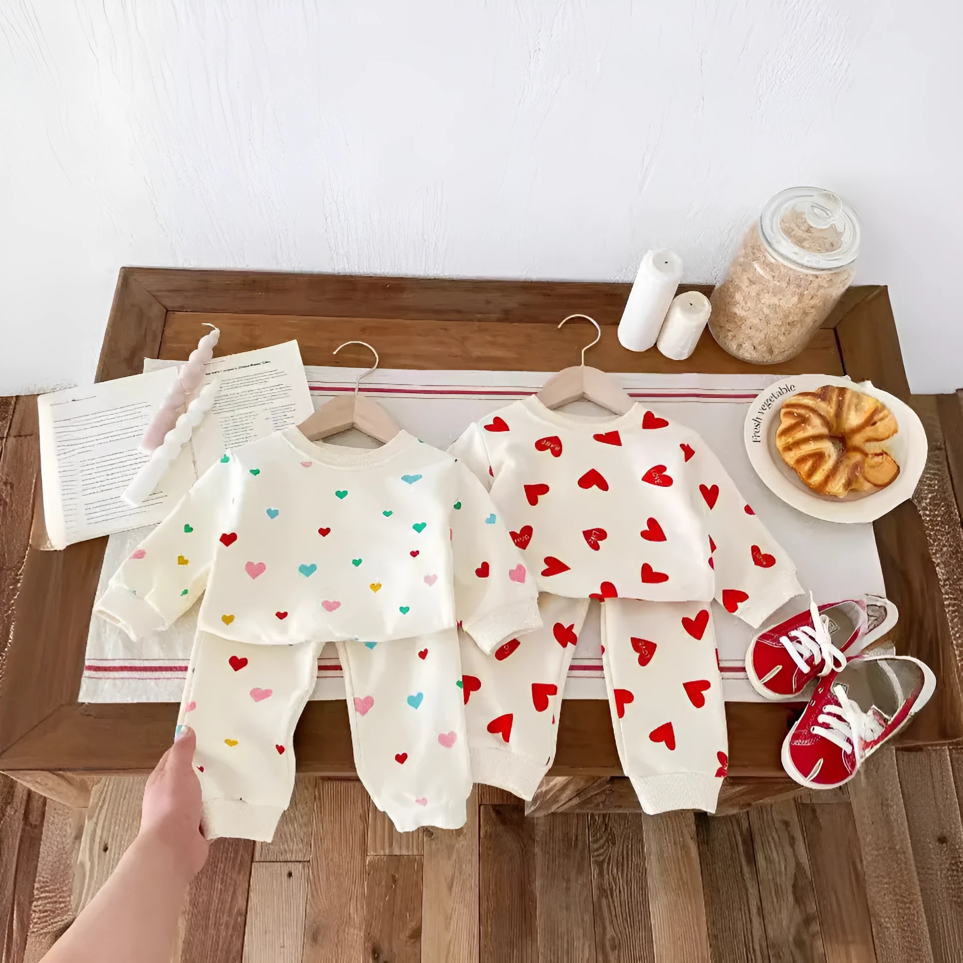 Cotton baby two-piece suit with coloured loving heart top and trousers for 73-110cm toddlers