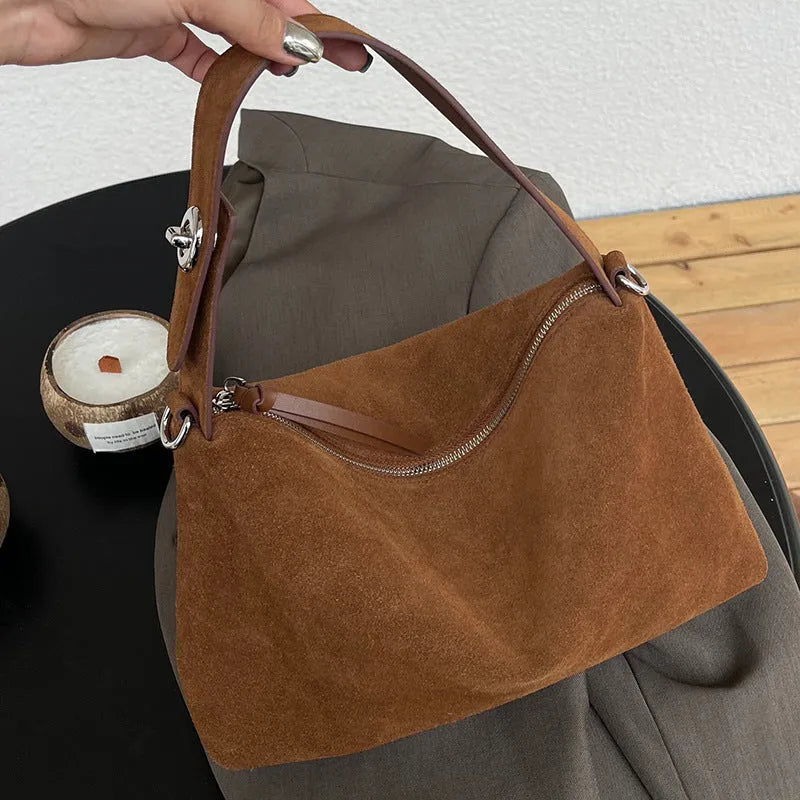 Women's genuine leather baguette underarm bag in deep coffee, soft cowhide, 32x20x10cm, sandwich pocket