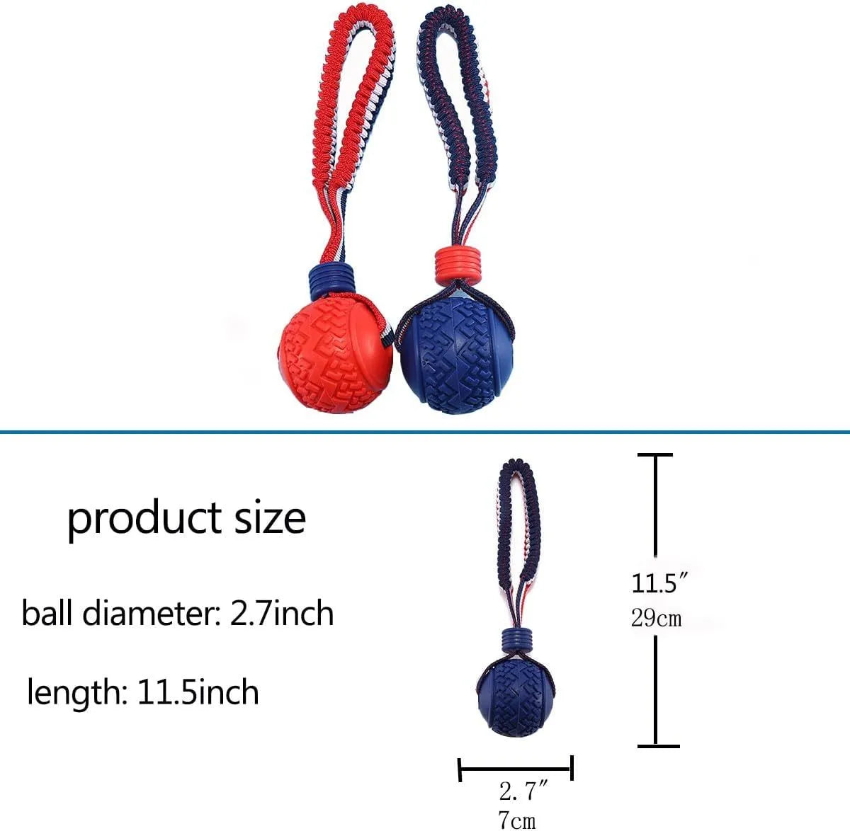 Blue natural rubber dog ball with rope toy, textured surface, shown with measurements